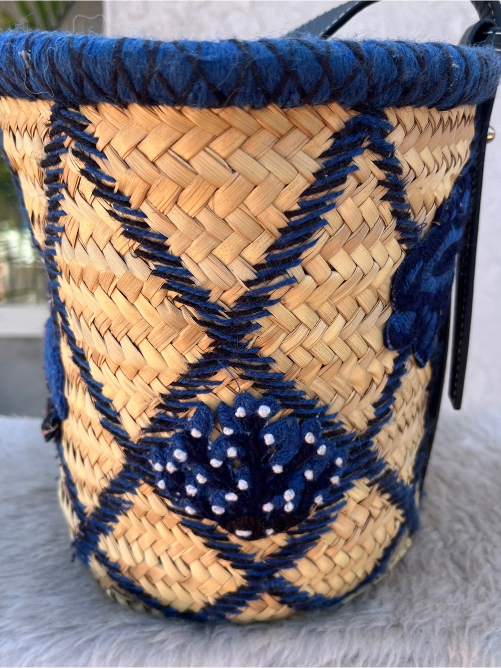 Loewe Natural Straw Tote with Blue Embroidery & Black Leather Trim - Picture 4 of 8